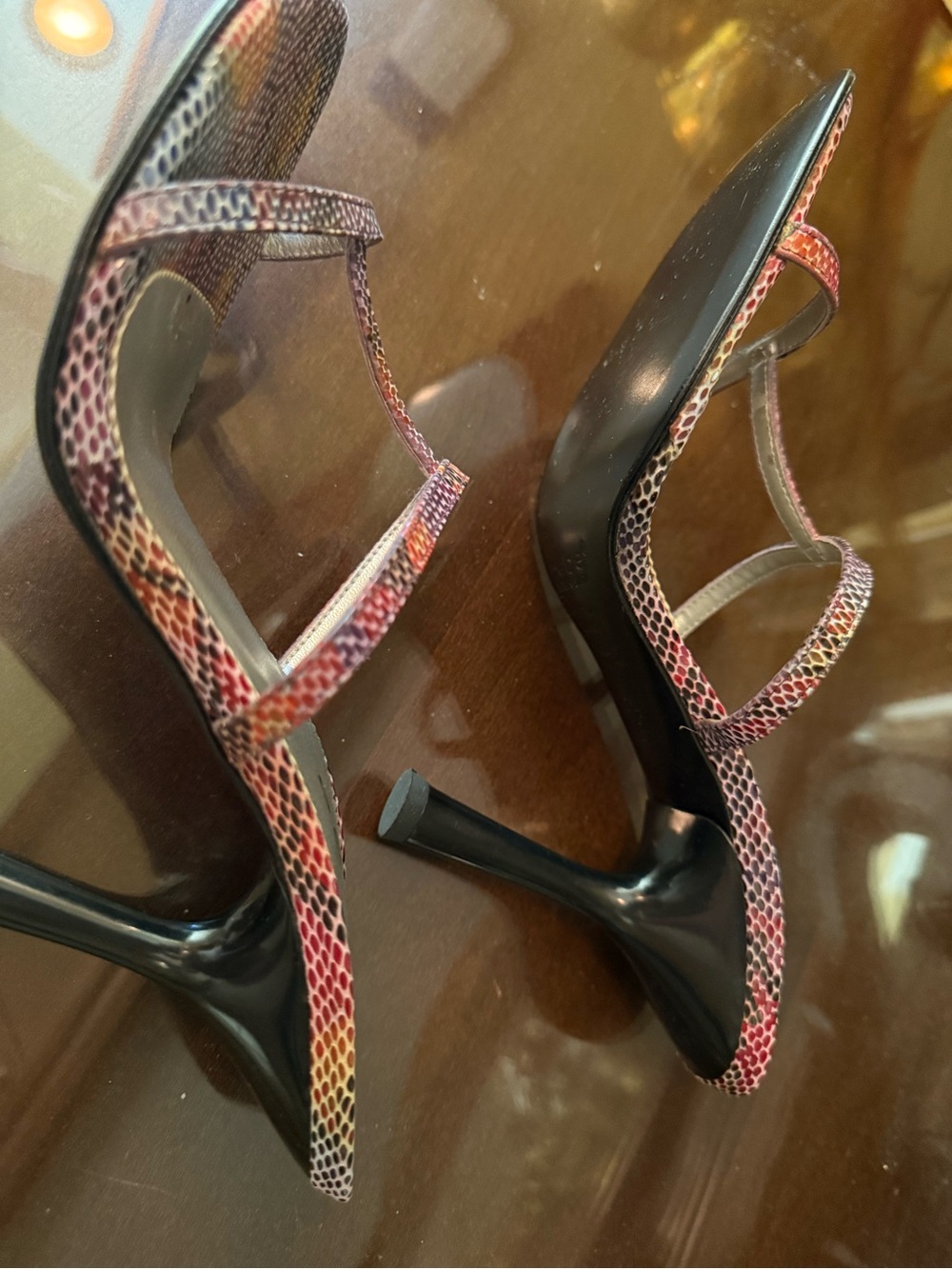 VTG bebe Women's Multi-Color Snakeskin-Print Leather Strappy Heels Size 7.5 NEW - Picture 11 of 16